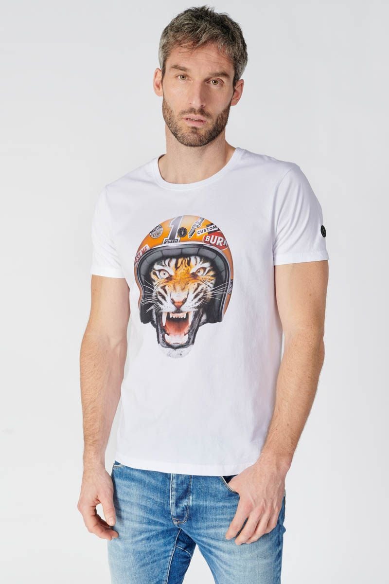 Mentex - T-shirt blanc avec imprimé tigre et strass homme